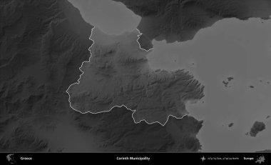 Corinth Belediyesi. Yunanistan 'ın idari alanı kararmış bir gri tonlama yükseklik haritasına vurgulandı ve ana hatları çizildi