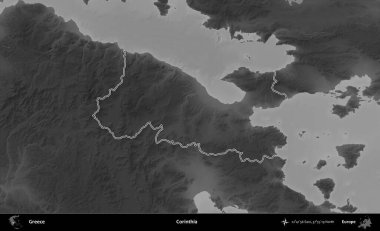 Korinthia 'da. Yunanistan 'ın idari bölgesi gri ölçekli bir yükselme haritasında özetlendi