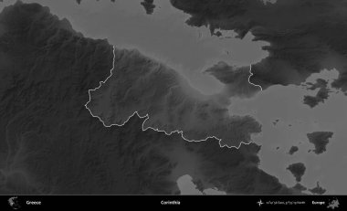 Korinthia 'da. Yunanistan 'ın idari alanı kararmış bir gri tonlama yükseklik haritasına vurgulandı ve ana hatları çizildi
