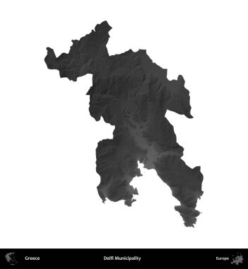 Delfi Belediyesi. Yunanistan 'ın idari bölgesi gri ölçekli yükseklik haritasında beyaza izole edildi