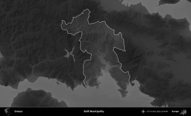 Delfi Belediyesi. Yunanistan 'ın idari alanı kararmış bir gri tonlama yükseklik haritasına vurgulandı ve ana hatları çizildi