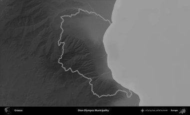 Dion-Olympmpos Belediyesi. Yunanistan 'ın idari bölgesi gri ölçekli bir yükselme haritasında özetlendi