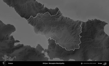Dirfyon - Messapion Belediyesi. Yunanistan 'ın idari alanı kararmış bir gri tonlama yükseklik haritasına vurgulandı ve ana hatları çizildi