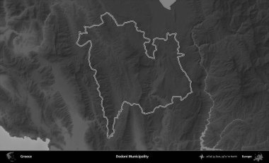 Dodoni Belediyesi. Yunanistan 'ın idari bölgesi gri ölçekli bir yükselme haritasında özetlendi
