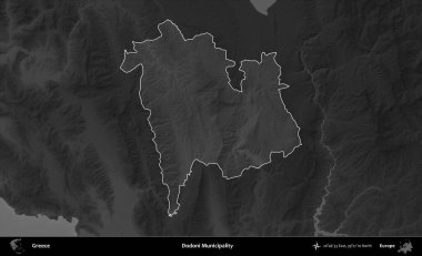 Dodoni Belediyesi. Yunanistan 'ın idari alanı kararmış bir gri tonlama yükseklik haritasına vurgulandı ve ana hatları çizildi