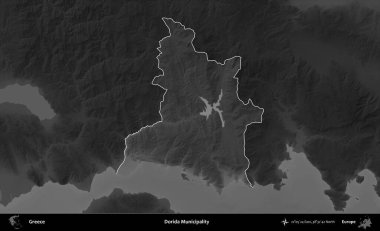 Dorida Belediyesi. Yunanistan 'ın idari alanı kararmış bir gri tonlama yükseklik haritasına vurgulandı ve ana hatları çizildi