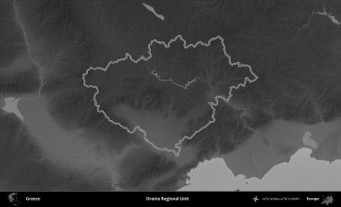 Drama Bölgesel Birimi. Yunanistan 'ın idari bölgesi gri ölçekli bir yükselme haritasında özetlendi