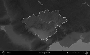 Drama Bölgesel Birimi. Yunanistan 'ın idari alanı kararmış bir gri tonlama yükseklik haritasına vurgulandı ve ana hatları çizildi