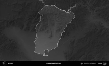Drama Belediye Birimi. Yunanistan 'ın idari alanı kararmış bir gri tonlama yükseklik haritasına vurgulandı ve ana hatları çizildi