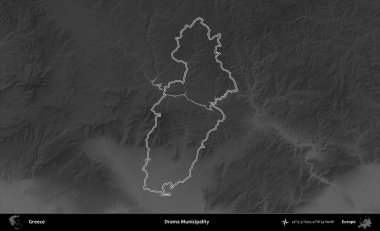 Drama Belediyesi. Yunanistan 'ın idari bölgesi gri ölçekli bir yükselme haritasında özetlendi