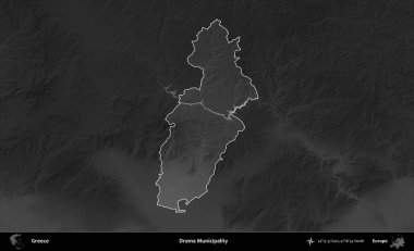 Drama Belediyesi. Yunanistan 'ın idari alanı kararmış bir gri tonlama yükseklik haritasına vurgulandı ve ana hatları çizildi