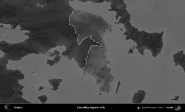 Doğu Attica Bölgesel Birimi. Yunanistan 'ın idari alanı kararmış bir gri tonlama yükseklik haritasına vurgulandı ve ana hatları çizildi