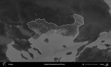 Doğu Makedonya ve Trakya. Yunanistan 'ın idari alanı kararmış bir gri tonlama yükseklik haritasına vurgulandı ve ana hatları çizildi