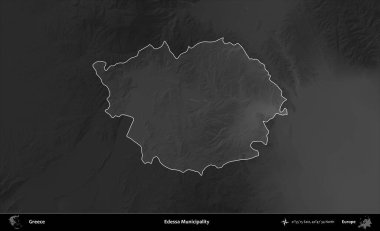 Edessa Belediyesi. Yunanistan 'ın idari alanı kararmış bir gri tonlama yükseklik haritasına vurgulandı ve ana hatları çizildi