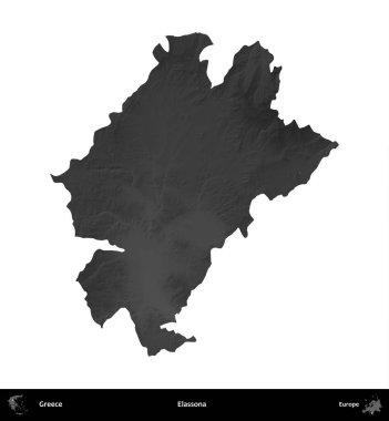 Elassona. Yunanistan 'ın idari bölgesi gri ölçekli yükseklik haritasında beyaza izole edildi