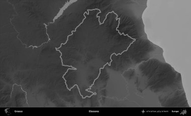 Elassona. Yunanistan 'ın idari bölgesi gri ölçekli bir yükselme haritasında özetlendi