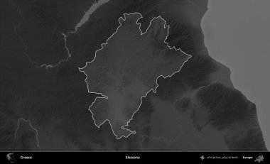 Elassona. Yunanistan 'ın idari alanı kararmış bir gri tonlama yükseklik haritasına vurgulandı ve ana hatları çizildi