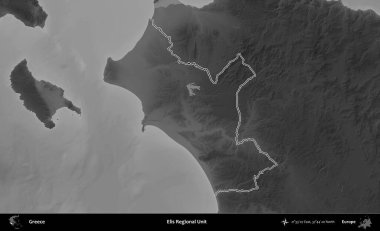 Elis Bölgesel Birimi. Yunanistan 'ın idari bölgesi gri ölçekli bir yükselme haritasında özetlendi