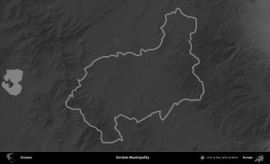 Eordaia Belediyesi. Yunanistan 'ın idari bölgesi gri ölçekli bir yükselme haritasında özetlendi