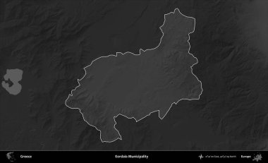 Eordaia Belediyesi. Yunanistan 'ın idari alanı kararmış bir gri tonlama yükseklik haritasına vurgulandı ve ana hatları çizildi