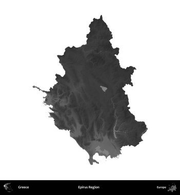 Epirus Bölgesi. Yunanistan 'ın idari bölgesi gri ölçekli yükseklik haritasında beyaza izole edildi