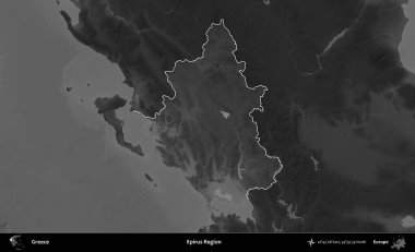 Epirus Bölgesi. Yunanistan 'ın idari alanı kararmış bir gri tonlama yükseklik haritasına vurgulandı ve ana hatları çizildi