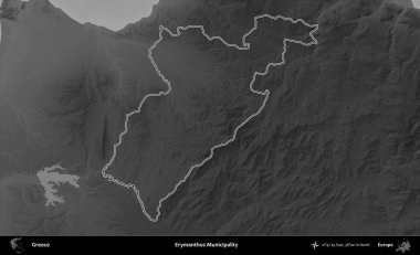 Erymanthos Belediyesi. Yunanistan 'ın idari bölgesi gri ölçekli bir yükselme haritasında özetlendi