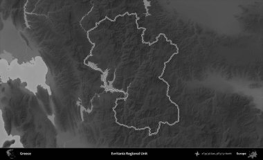 Evritania Bölgesel Birimi. Yunanistan 'ın idari bölgesi gri ölçekli bir yükselme haritasında özetlendi