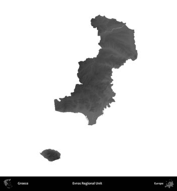 Evros Bölgesel Birimi. Yunanistan 'ın idari bölgesi gri ölçekli yükseklik haritasında beyaza izole edildi