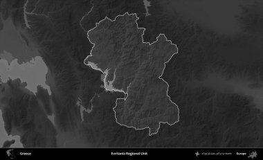 Evritania Bölgesel Birimi. Yunanistan 'ın idari alanı kararmış bir gri tonlama yükseklik haritasına vurgulandı ve ana hatları çizildi