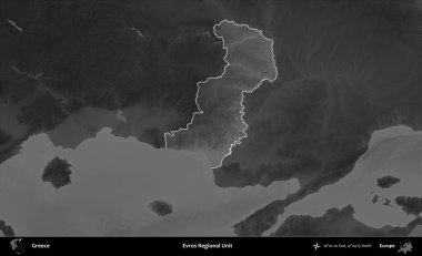 Evros Bölgesel Birimi. Yunanistan 'ın idari alanı kararmış bir gri tonlama yükseklik haritasına vurgulandı ve ana hatları çizildi