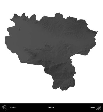 Farsala. Yunanistan 'ın idari bölgesi gri ölçekli yükseklik haritasında beyaza izole edildi