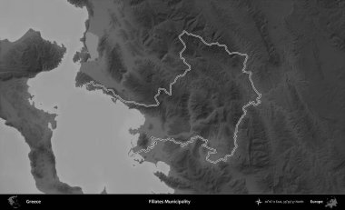 Filiates Belediyesi. Yunanistan 'ın idari bölgesi gri ölçekli bir yükselme haritasında özetlendi