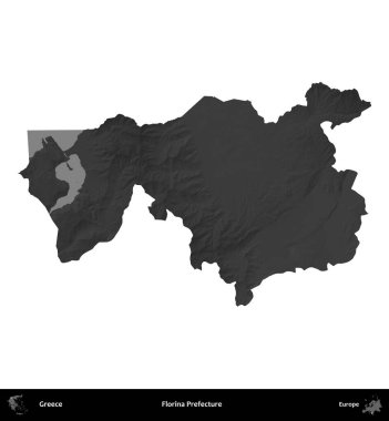 Florina Bölgesi. Yunanistan 'ın idari bölgesi gri ölçekli yükseklik haritasında beyaza izole edildi