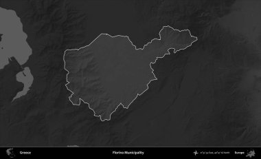 Florina Belediyesi. Yunanistan 'ın idari alanı kararmış bir gri tonlama yükseklik haritasına vurgulandı ve ana hatları çizildi