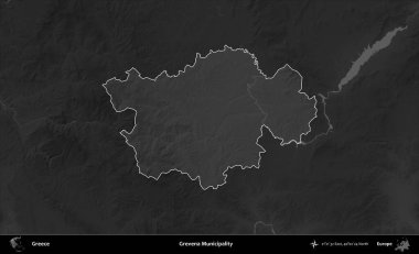 Grevena Belediyesi. Yunanistan 'ın idari alanı kararmış bir gri tonlama yükseklik haritasına vurgulandı ve ana hatları çizildi