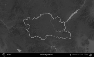 Grevena Bölgesel Birimi. Yunanistan 'ın idari bölgesi gri ölçekli bir yükselme haritasında özetlendi