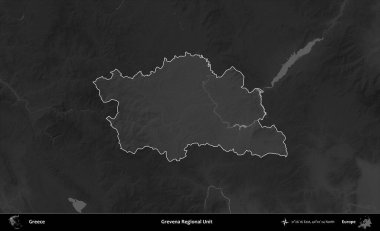 Grevena Bölgesel Birimi. Yunanistan 'ın idari alanı kararmış bir gri tonlama yükseklik haritasına vurgulandı ve ana hatları çizildi