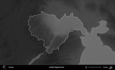 Imathia Bölgesel Birimi. Yunanistan 'ın idari alanı kararmış bir gri tonlama yükseklik haritasına vurgulandı ve ana hatları çizildi
