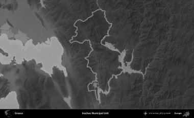 Inachos Belediye Birimi. Yunanistan 'ın idari bölgesi gri ölçekli bir yükselme haritasında özetlendi