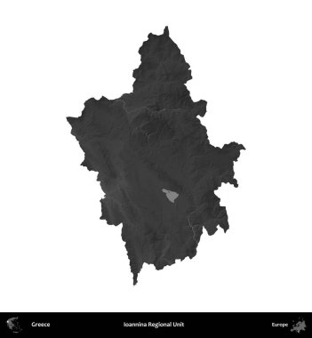 Ioannina Bölgesel Birimi. Yunanistan 'ın idari bölgesi gri ölçekli yükseklik haritasında beyaza izole edildi