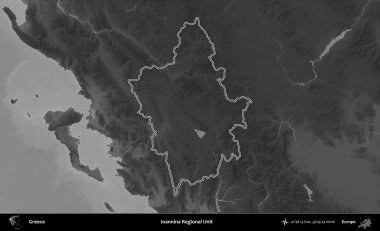 Ioannina Bölgesel Birimi. Yunanistan 'ın idari bölgesi gri ölçekli bir yükselme haritasında özetlendi