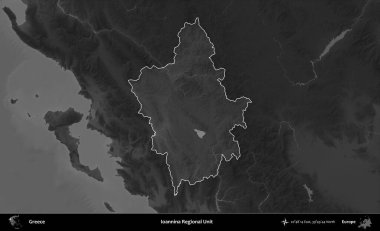 Ioannina Bölgesel Birimi. Yunanistan 'ın idari alanı kararmış bir gri tonlama yükseklik haritasına vurgulandı ve ana hatları çizildi