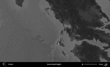 İyon Adaları Bölgesi. Yunanistan 'ın idari alanı kararmış bir gri tonlama yükseklik haritasına vurgulandı ve ana hatları çizildi