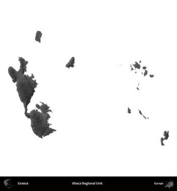 Ithaca Bölgesel Birimi. Yunanistan 'ın idari bölgesi gri ölçekli yükseklik haritasında beyaza izole edildi