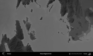 Ithaca Bölgesel Birimi. Yunanistan 'ın idari alanı kararmış bir gri tonlama yükseklik haritasına vurgulandı ve ana hatları çizildi