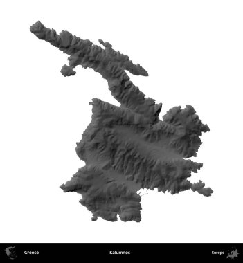 Kalumnos. Yunanistan 'ın idari bölgesi gri ölçekli yükseklik haritasında beyaza izole edildi