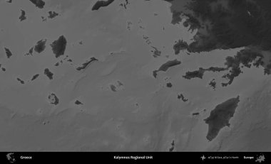 Kalymnos Bölgesel Birimi. Yunanistan 'ın idari alanı kararmış bir gri tonlama yükseklik haritasına vurgulandı ve ana hatları çizildi