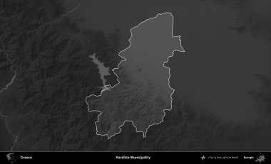 Karditsa Belediyesi. Yunanistan 'ın idari alanı kararmış bir gri tonlama yükseklik haritasına vurgulandı ve ana hatları çizildi