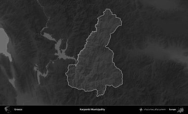 Karpenisi Belediyesi. Yunanistan 'ın idari alanı kararmış bir gri tonlama yükseklik haritasına vurgulandı ve ana hatları çizildi